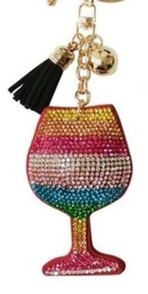 Rhinestone Wine Glass Key Ring Bag Charm