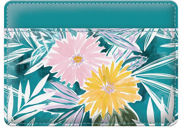 Teal Floral Graphic Vegan Leather Card Wallet