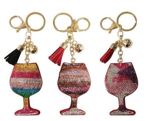 Rhinestone Wine Glass Key Ring Bag Charm